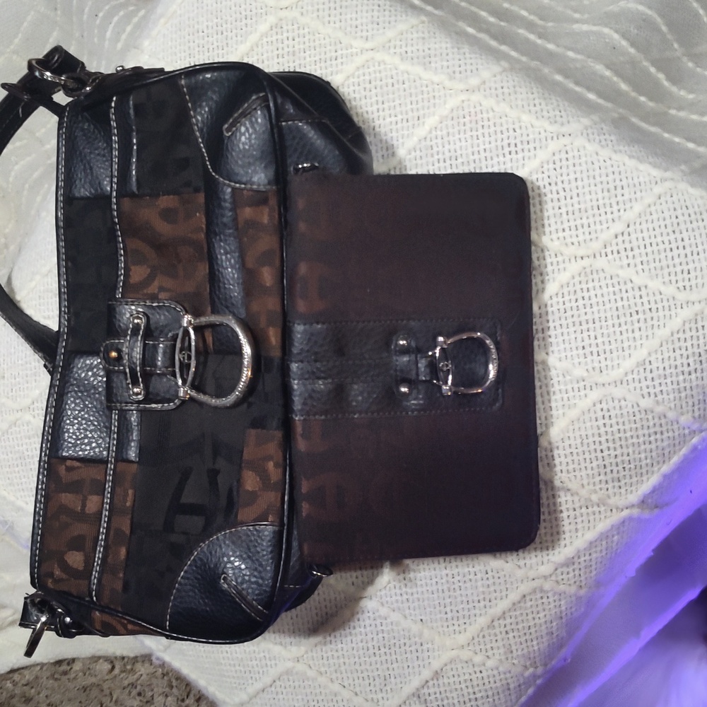 Vintage Etienne Aigner Brown Black Leather Buckle Shoulder Purse & Wallet